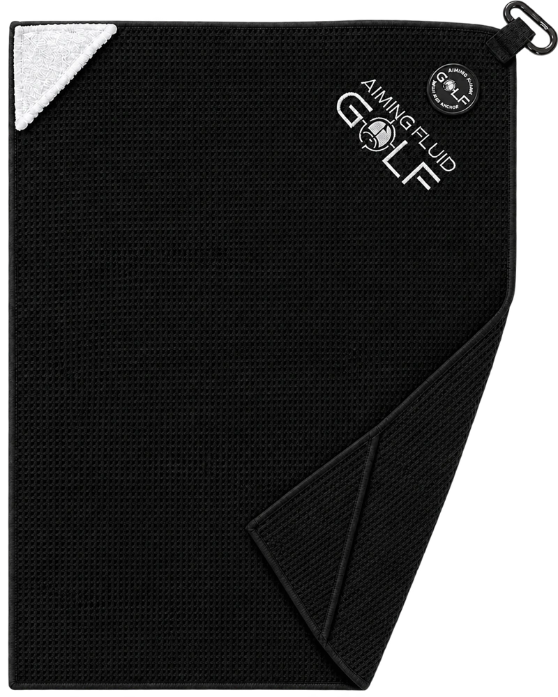 Black Stubby magnetic golf towel with Aiming Fluid Golf logo, scrub pad and ball pocket.